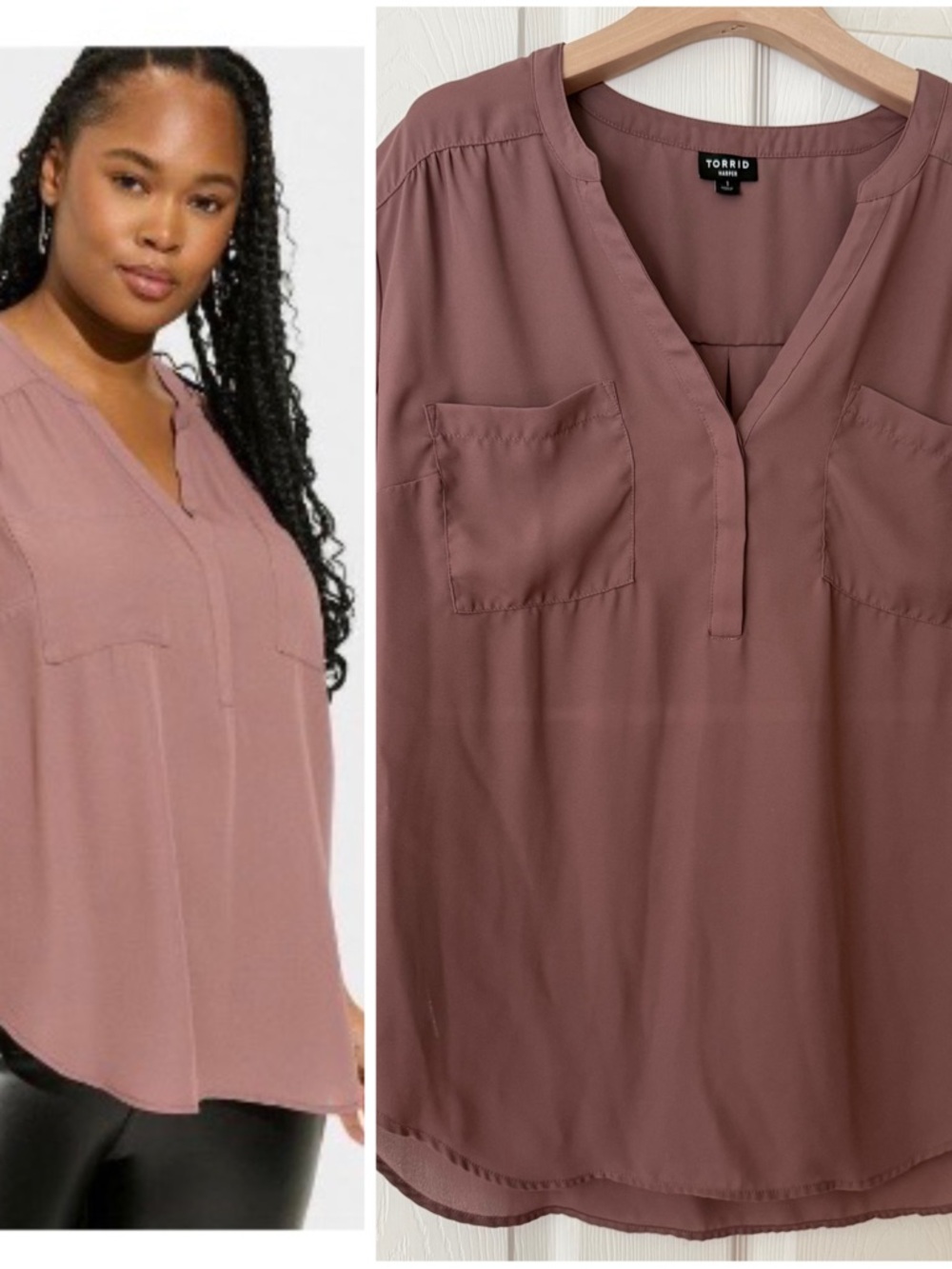 torrid Harper Split-Neck Blouse with Patch Pockets in Mauve Taupe